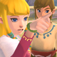 Skyward Sword's Zelda points at someone off-screen while Link looks on behind her.
